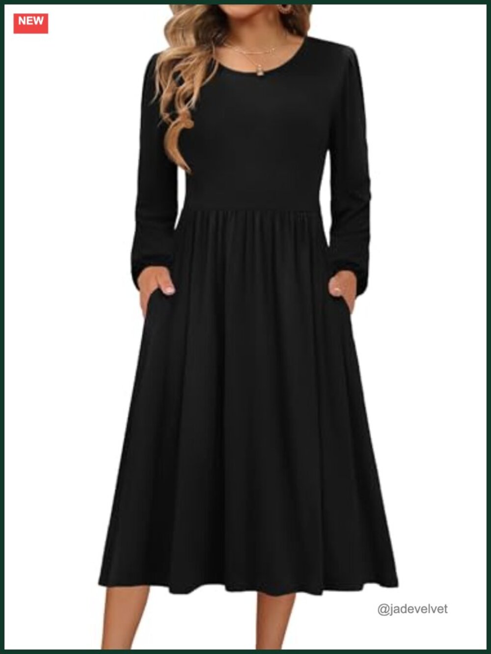 Long Sleeve Midi A-Line Dress with Pockets Flowy Boho Casual